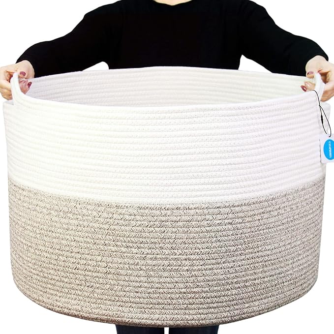 Casaphoria XXXLarge Cotton Rope Basket for Living Room - Woven Storage Basket with Handle for Blankets, Towels and Pillows Laundry Hamper | White and Brown (22" x 22" x 14")
