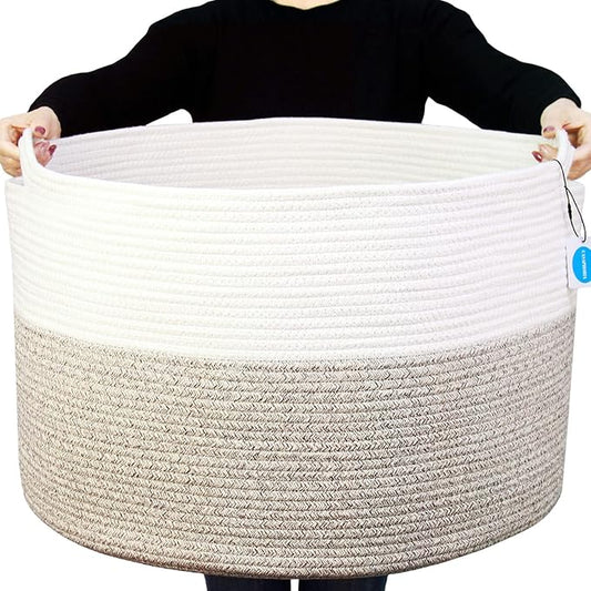 Casaphoria XXXLarge Cotton Rope Basket for Living Room - Woven Storage Basket with Handle for Blankets, Towels and Pillows Laundry Hamper | White and Brown (22" x 22" x 14")