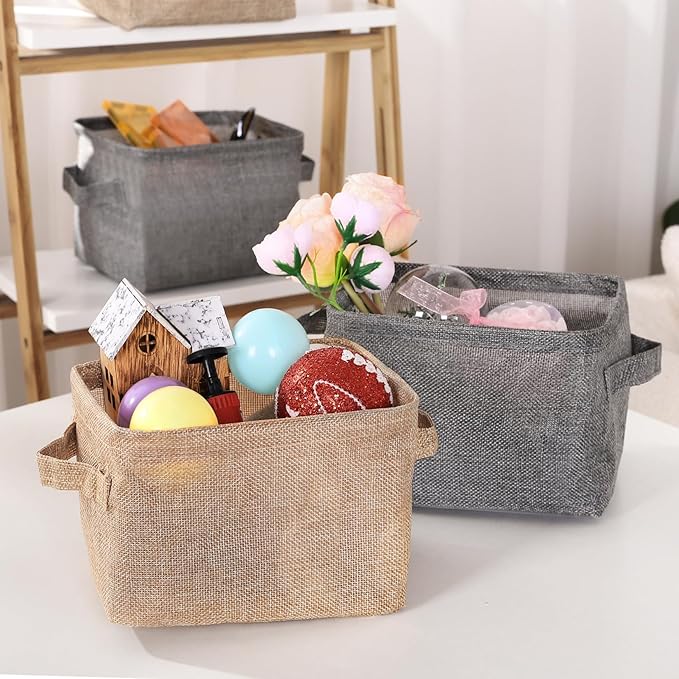 AARAINBOW Small Storage Basket Bins Canvas Mini Storage Cubes Storage Basket for Makeup, Baby Toys Liners, Books Nursery Storage Baskets with Handles for Shelves & Desks (3 Jute Gray)
