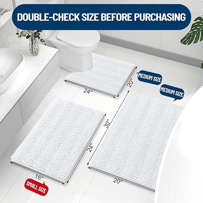 Grandaily Chenille Striped Bathroom Rugs 47x20, Extra Thick and Absorbent Bath Mats, Non-Slip Soft Plush Shaggy Shower Carpet, Machine Wash Dry, Bath Rug for Bathroom, White