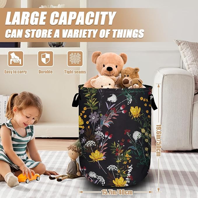 Wildflower and Herb Laundry Basket, Spring Flower Laundry Hamper Tote Bag Dirty Clothes Storage Bucket Toy Organizer for Bathroom/Laundry/Bedroom 15.7"x19.6"