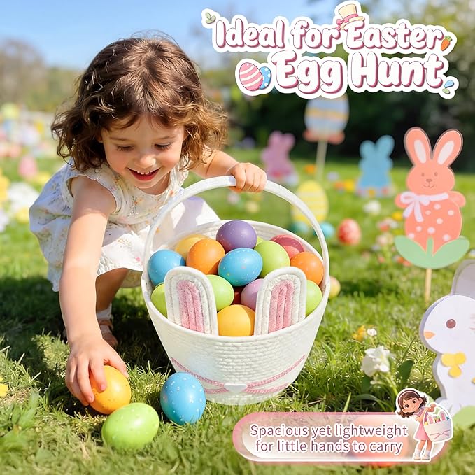 Easter Basket, Easter Bunny Basket with Removable Ears Woven Easter Egg Hunt Basket First Easter Gift Baskets Empty Easter Baskets Essentials Easter Bucket for Girls Boys Teens (Pink White)