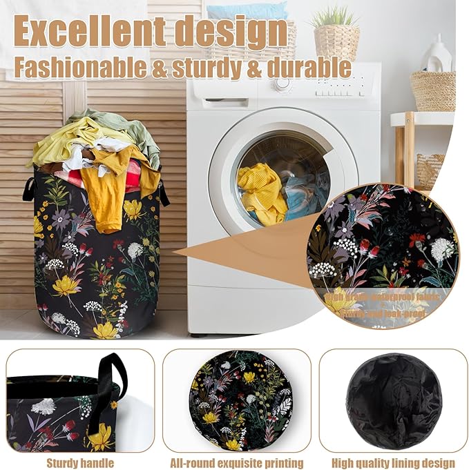 Wildflower and Herb Laundry Basket, Spring Flower Laundry Hamper Tote Bag Dirty Clothes Storage Bucket Toy Organizer for Bathroom/Laundry/Bedroom 15.7"x19.6"