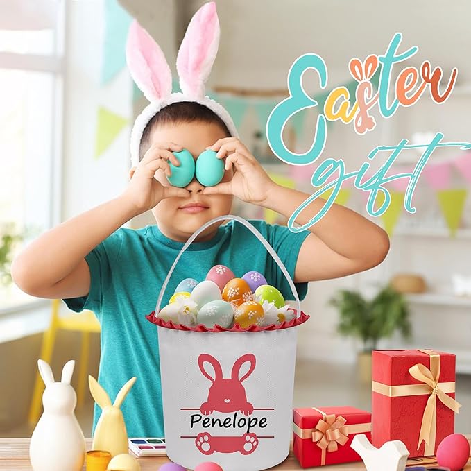 Easter Baskets for Girls Boys, Personalized Easter Basket with Name - Cute Red Bunny