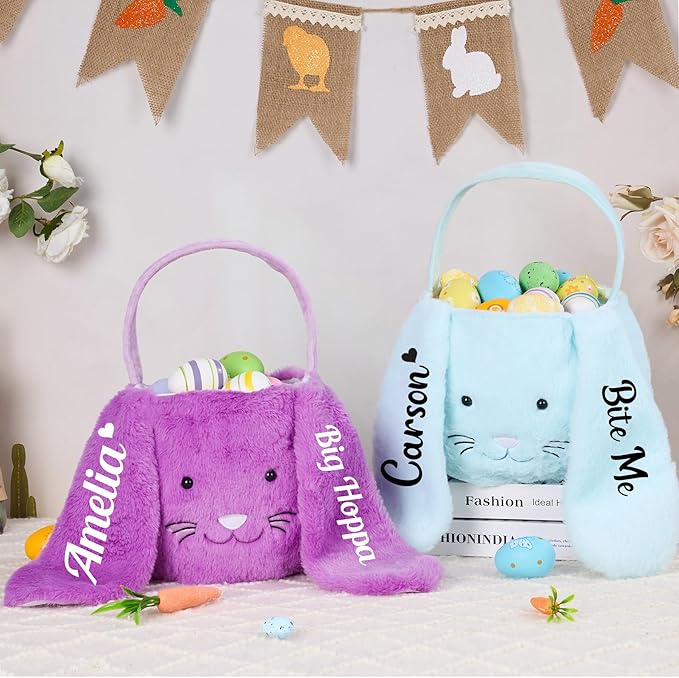 Mostop Personalized Easter Basket, Seersucker Egg Hunt Basket Bags for Easter Gifts