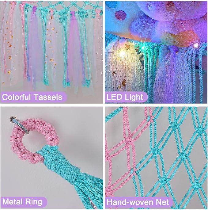 FIOBEE Stuffed Animals Net or Hammock with LED Light, Toy Hammock Hanging Stuffed Animals Storage Organizer Holder Room Décor for Nursery Kids Bedroom