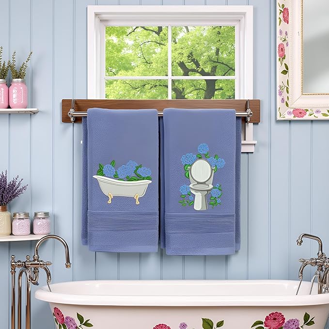 2pcs Blue Hydrangea Hand Towels for Bathroom Decorative Towels Set 100% Cotton cute Embroidered Spring summer floral bath towels dish kitchen towels Farmhouse Bathroom Decor Gift (Blue Hydrangea)