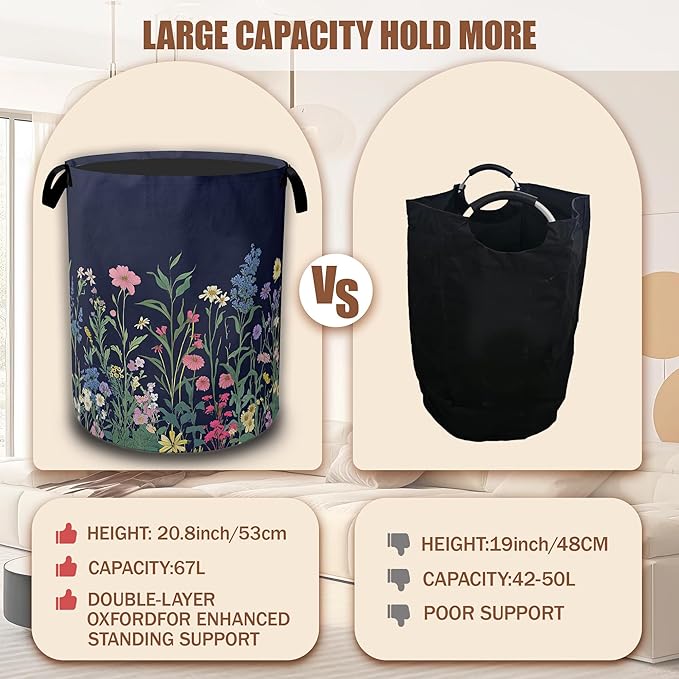 Weeds Laundry Basket,Herbs and Wild Flowers Laundry Hamper Waterproof Oxford Cloth Tote Collapsible,Clothes Storage Bucket Decorative Toy Organizer For Bathroom Bedroom 16" x 20.8"