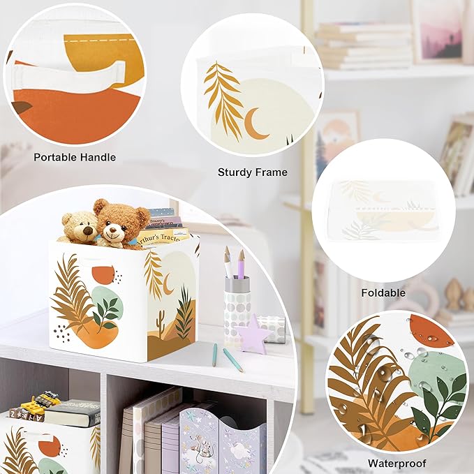 11.8" Boho Leaves Storage Cube Organizer Mid Century Modern Clothes Storage Basket Bin for Closet Shelf Art Abstract Geometry Nursery Kid Room Book Toy Chest, 3Pcs