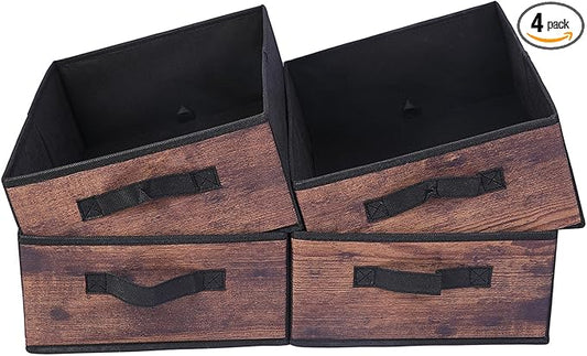 JAKAGO Fabric Storage Bins set of 4 Rectangle Storage Baskets with Handle Foldable Closet Organizer for Clothes Towel bedding Books Collapsible Clothing Container for Shelves Bedroom(Wood Low)