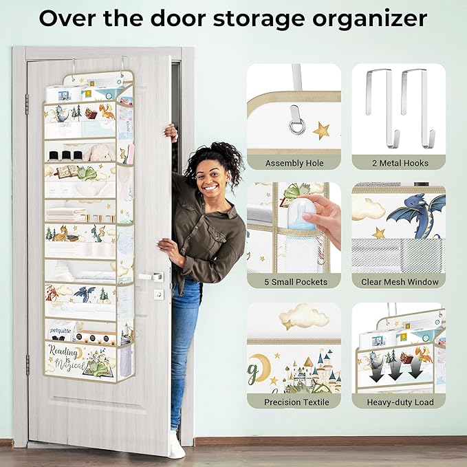 Clastyle Dinosaur Over the Door Organizer Tree Nursery Hanging Storage Organizer for Kids Clothes Diaper Toy Closet Door Hanging Shelf Storage for Bedroom Bathroom Pantry, Magic, 5-Tier