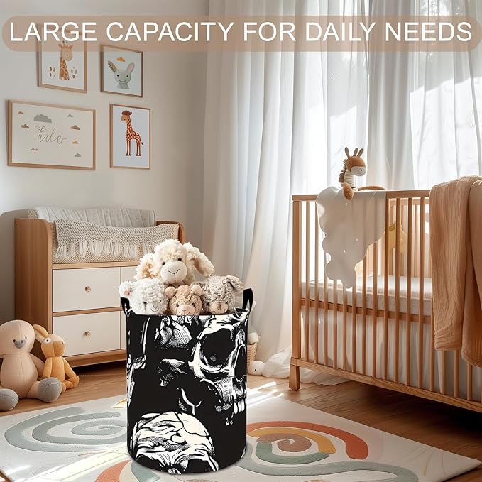 Skull Laundry Basket Hamper 19.7"x15.8", Gothic Horror Foldable Waterproof Oxford Clothes Storage Bucket for Room Bathroom Bedroom Nursery Decor, Toy Organizer Bins Gifts for Kids Boys Girls