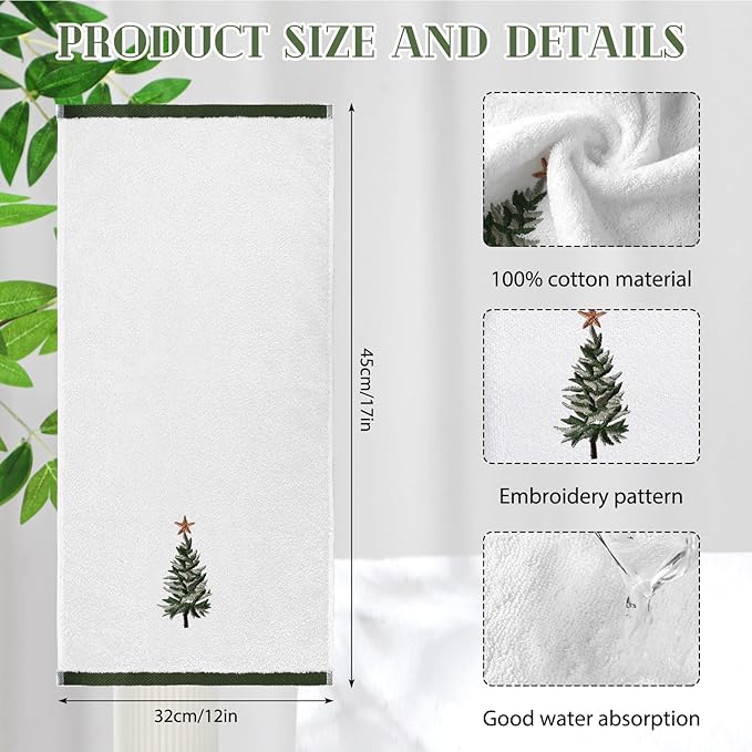 3 Pcs Christmas Fingertip Towels 100% Cotton 12 x 18 Inch Decorative Embroidery Xmas Tree with Gold Star Topper Bathroom Hand Towels for Christmas Bathroom Decor