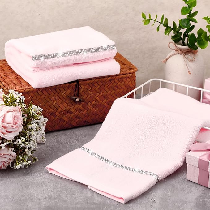 2 Pcs Pink Sparkling Hand Towels with Rhinestones for Bathroom 100% Cotton Glitter Soft Elegant Hand Bath Towels Absorbent Machine Washable for Spa Yoga Hotel Sport, 29.5" x 13.8"
