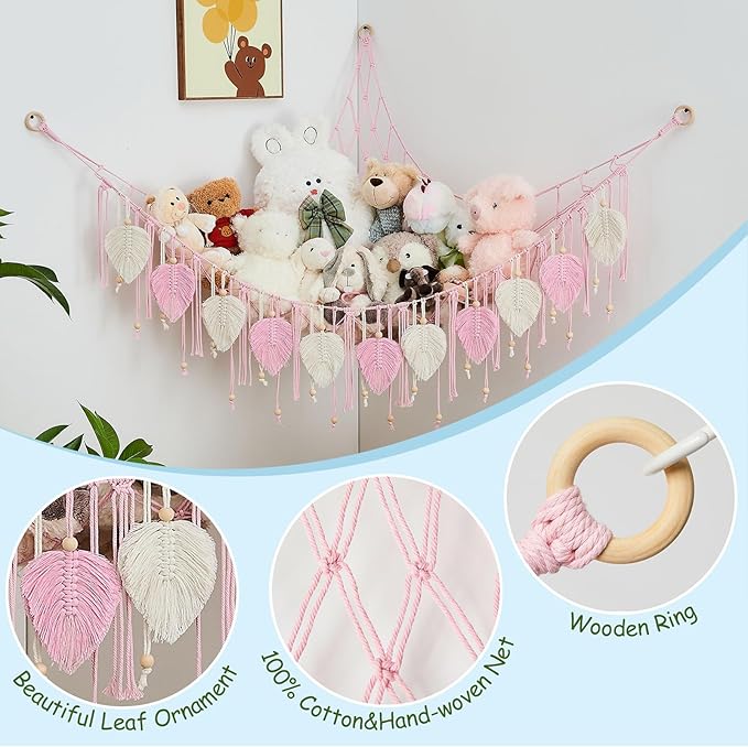 Pretty Jolly Macrame Stuffed Animal Hammock with Beads Hand Woven Leaf Tassels Corner Hanging Net Boho Holder for Kid Room Nursery Decor Easy Install Organizer for Girls Gift(Light Pink)