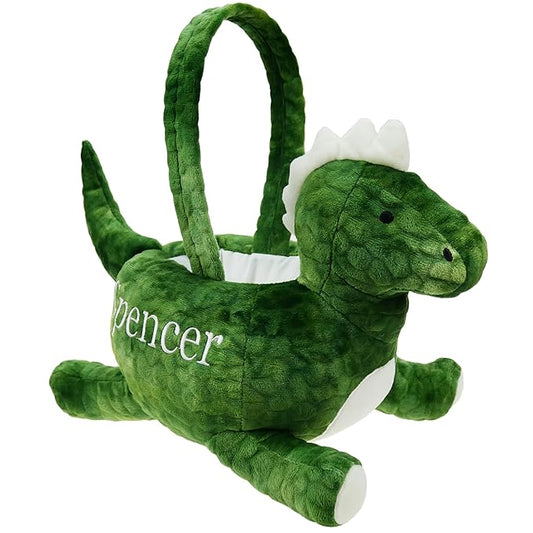 DearSun Exquisite Embroidery ! Personalized Easter Egg Hunting Basket 3D Plush Dinosaur Basket Candy Gift Bucket with Embroidery Name (Green Plush Dinosaur Basket)
