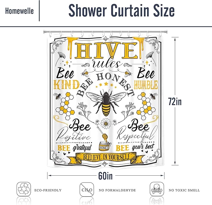 Homewelle Black Yellow Bee Words Shower Curtain Inspirational Quotes Motivationa Rustic Retro Floral Flower Plant Honeycomb 60Wx72H Inch Aesthetic Vintage Waterproof Polyester Fabric Bathroom Bathtub