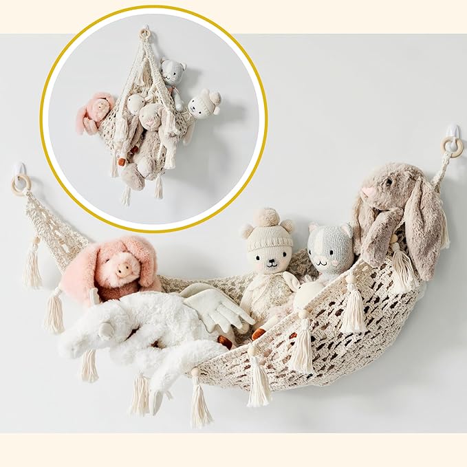 Macrame Hanging Net for Stuffed Toys - Corner Hammock Organizer for Plush Animals, Buttercream