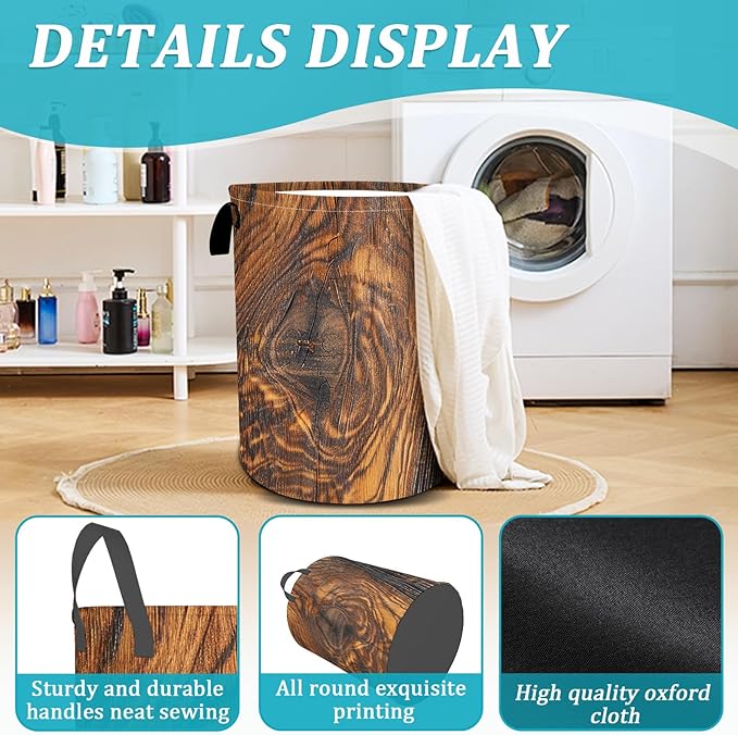 Wood Grain Laundry Basket, Tree Stump Texture Laundry Hamper Funny Tote Bag Dirty Clothes Storage Bucket Toy Organizer for Bathroom/Laundry/Bedroom 15.7"x19.6"