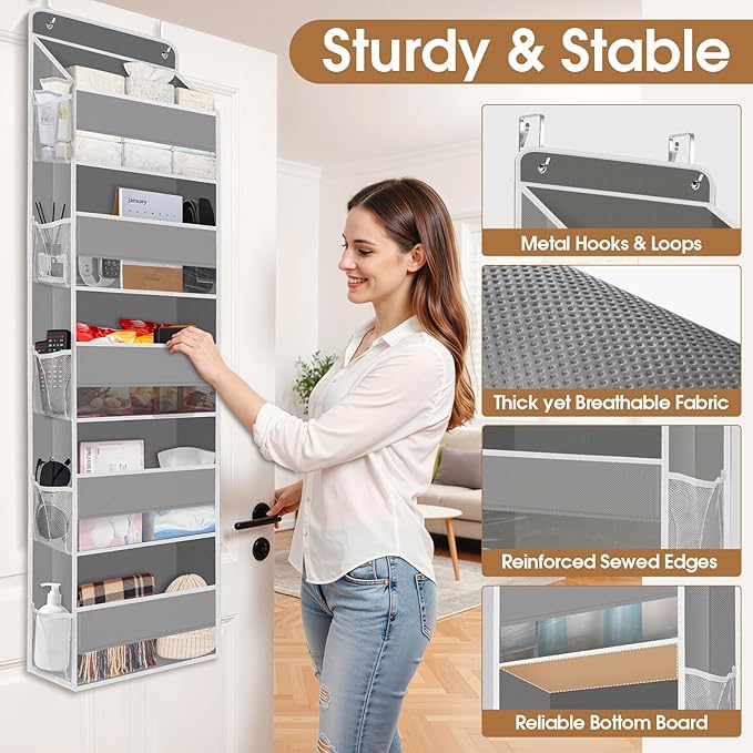 WISELIFE Over The Door Organizer Storage with 5 Large Pockets Door Hanging Organizer with Clear Windows Behind The Door Storage for Nursery Bedroom Bathroom Pantry Closet and Baby Essentials Grey