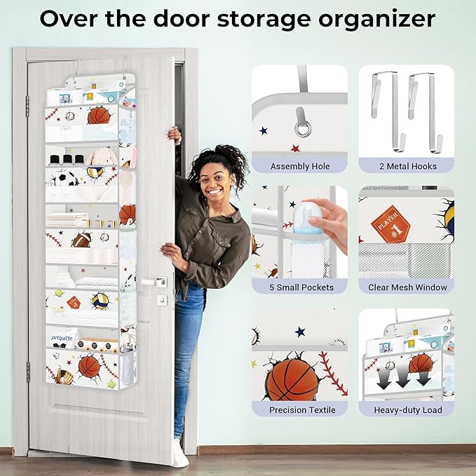 Clastyle Ball Over The Door Organizer Star Nursery Hanging Storage Organizer for Boys Clothes Diaper Toy Closet Door Hanging Shelf Storage for Bedroom Bathroom Pantry, Sport, 5-Tier