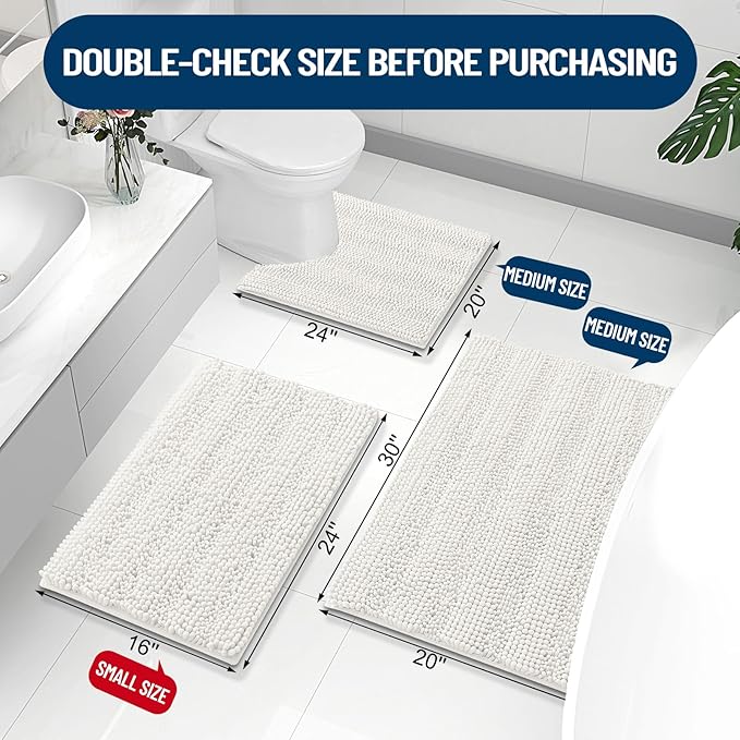 Grandaily Chenille Striped Bathroom Rugs 30x20, Extra Thick and Absorbent Bath Mats, Non-Slip Soft Plush Shaggy Shower Carpet, Machine Wash Dry, Bath Rug for Bathroom, (Medium, Cream)