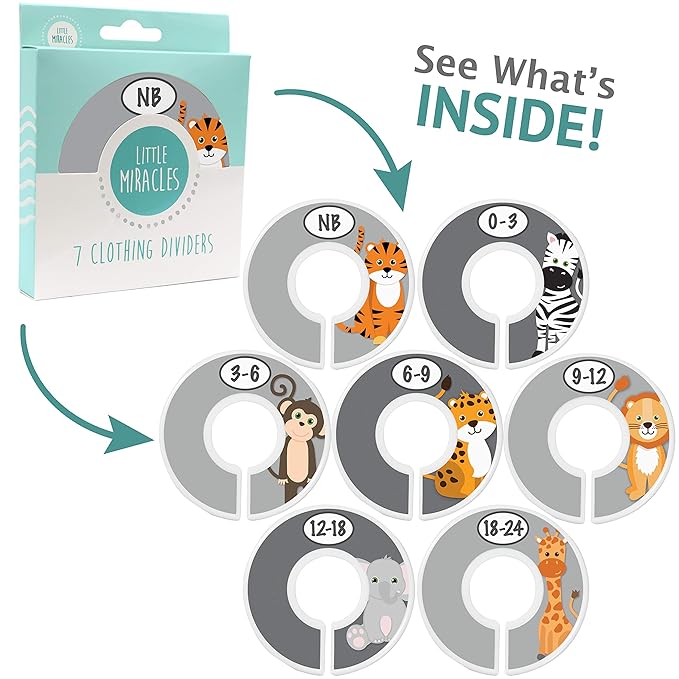 Safari Nursery Closet Size Dividers - 7X for Baby Clothes - Elephant Giraffe Zebra Lion Monkey Decor - for Boy or Girl - [Safari] [Grey/Gray]