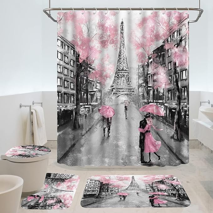 4Pcs Paris Cherry Blossom Shower Curtain Set, Black and Pink Eiffel Tower Bathroom Set with Shower Curtain, Romantic Cityscape Bath Decor for Women, Girly Bathroom Accessories