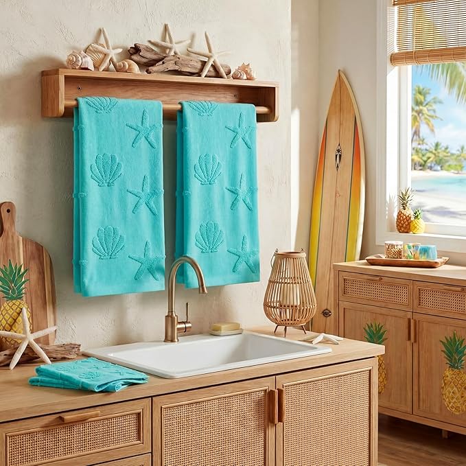2 Pcs Coastal Hand Towels for Bathroom 100% Cotton Jacquard Weave Hand Towels Seashell Starfish Beach Soft Absorbent Washcloth for Spring Summer Kitchen Bathroom Home Decor, 29.5 x 13.8 Inch