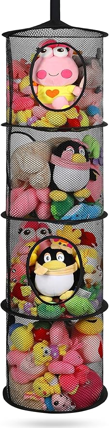 Hanging Stuffed Animal Storage, Foldable Corner Stuffed Animal Storage Organizer 4 Compartments Toy Storage Organizer for Kid Room Toys, Gloves,Hats,Socks Storage（Black）