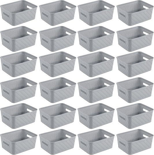 Sterilite 24 Pack Plastic Storage Bin Organization Containers, Small Baskets, Cement