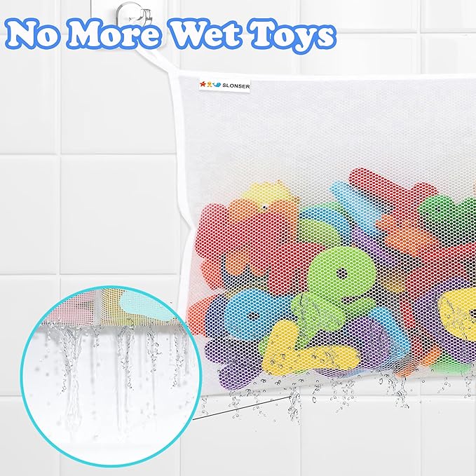 2 x Bath Toy Net, Kids Bath Tub Toy Holder Basket, Corner Mesh Bag, Baby Bathtub Storage Organizer, Large Bathroom Bucket, Toddler Shower Caddy Hanging Bin with 6 Suction Cups, 4 Adhesive Wall Hooks