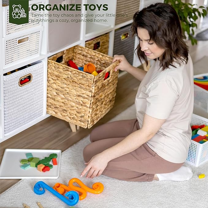 12.5x12.5in Wicker Storage Baskets, Handwoven Water Hyacinth Foldable Cube Bins for 13.5" × 13.5" and Larger Cube Shelves, Set of 6 (Natural)