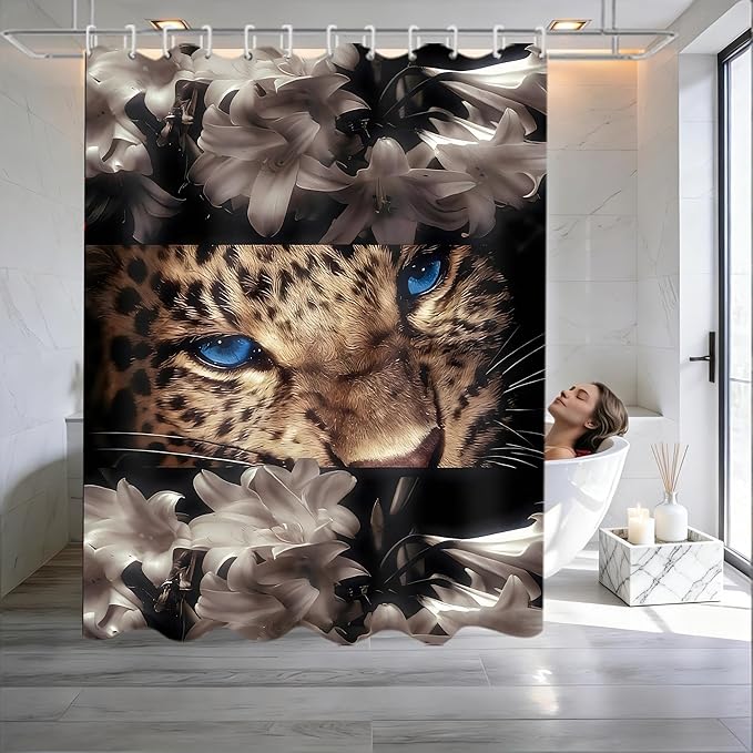 4 Piece Brown Shower Curtain Set with Rugs, Majestic Blue Eyes Leopard & White Lily Floral Art, Modern Aesthetic Waterproof Fabric Bathroom Decor, Non-Slip Mats & Toilet Lid Cover