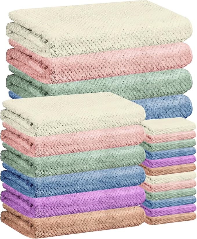 24 Pcs Towels Set 6 Bath Sheets 6 Washcloths and 12 Hand Towels, Reusable Absorbent Quick Dry Colorful Coral Velvet Towel for Shower Bath Spa Hotel Bathroom Supplies (Multicolor)