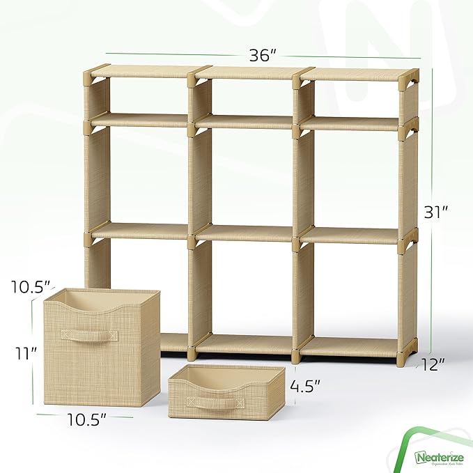 9 Cube Storage Organizer With Bins Included - Closet Storage With 9 Storage Bins - Easy To Assemble Storage Unit With Drawers - Closet Organization For Clothes, Bedroom, Nursery, & Toys (Beige)