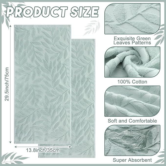 2 Pcs Green Leaves Hand Towels for Bathroom Green Leaves 100% Cotton Jacquard Weave Bath Towel Set Soft Absorbent Dish Washcloth for Bathroom Kitchen Summer Theme Gifts 13.8 x 29.5 Inch