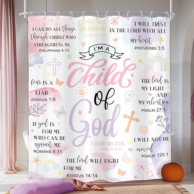 Homewelle Pink Purple Abstract Bible Verses Shower Curtain Scripture Christian Boho Mid Century Inspirational Quote 60Wx72H Inch Minimalist Geometric Plant Waterproof Polyester Fabric Bathroom Bathtub