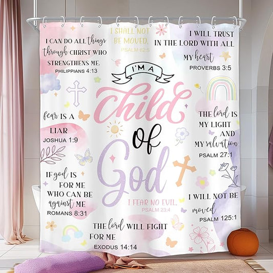 Homewelle Pink Purple Abstract Bible Verses Shower Curtain Scripture Christian Boho Mid Century Inspirational Quote 60Wx72H Inch Minimalist Geometric Plant Waterproof Polyester Fabric Bathroom Bathtub