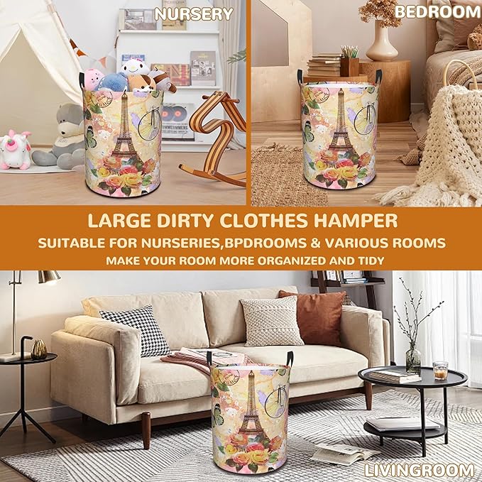 Eiffel Tower Collapsible Laundry Basket,Vintage Rose Butterfly Bedroom Waterproof Laundry Hamper,Bathroom Large Storage Bag,College Dormitory Living Room Nursery Organizer Toy Bin 16" x 20"