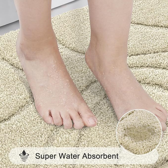 HEBE Bathroom Rugs Sets 5 Piece, Soft Absorbent Microfiber Bath Mat for Bathroom, Non Slip Washable Bath Rug Set with Toilet Cover, Bath Runner and U-Shaped Contour Toilet Rug, Light Beige