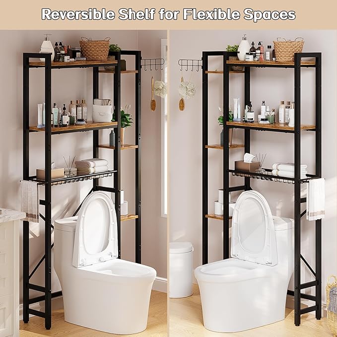 Over The Toilet Storage with Side Shelf, 7 Tier Bathroom Organizer Rack with Paper Holder, Hooks and Basket, Freestanding Above Toilet Shelf for Laundry, Quick Interlock Install (Vintage Brown)
