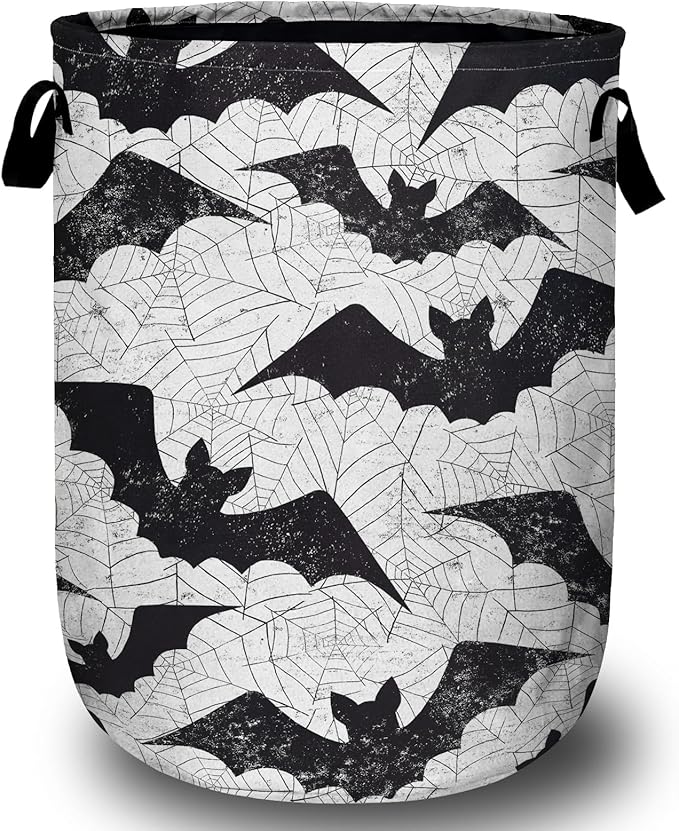 Retro Black White Bat Laundry Basket, Halloween Laundry Hamper Collapsible Oxford Cloth with Handle Clothes Toy Storage Bin for Bathroom Laundry Room Bedroom 15.7 X 20 Inch