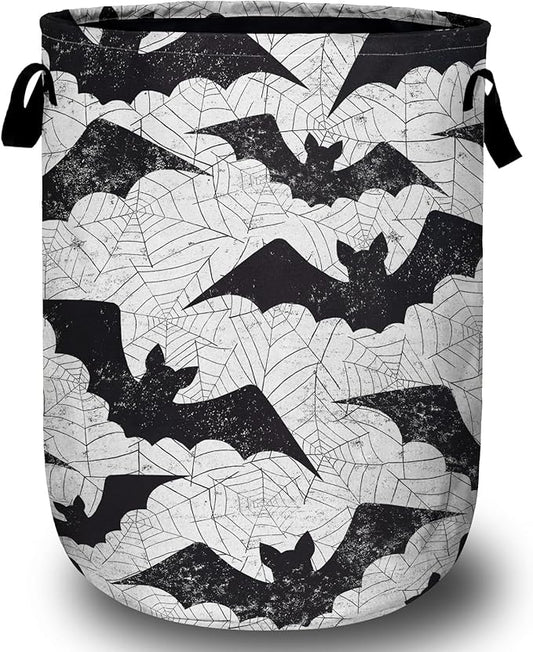 Retro Black White Bat Laundry Basket, Halloween Laundry Hamper Collapsible Oxford Cloth with Handle Clothes Toy Storage Bin for Bathroom Laundry Room Bedroom 15.7 X 20 Inch