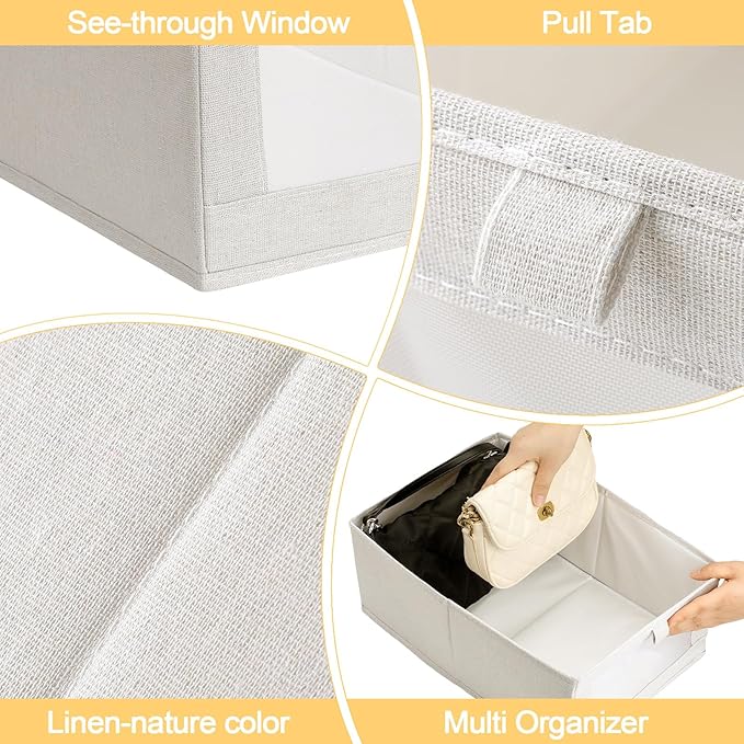 Kigley 12 Pcs Linen Closet Organizers and Storage Foldable Clothing Bins Large Foldable Box with Window Storage Baskets for Closet Shelf Clothes Jeans Toys Organization, Beige