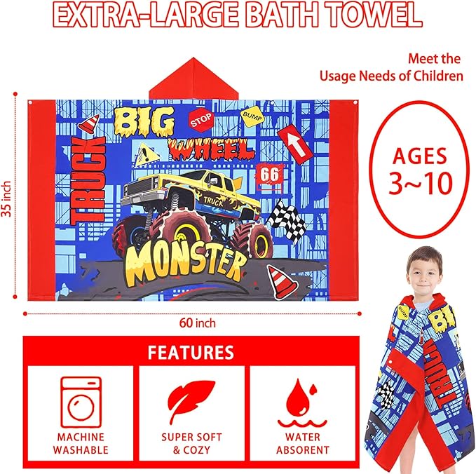 Hooded Beach Towels for Kids - Ultra Soft 100% Cotton Big Truck Toddler Hood Bath Towels/Pool Terry Towel Beach Poncho Wrap Absorbent Cute Bath & Swim Wrap Gift for Boys & Girls 3-10 Years - Blue