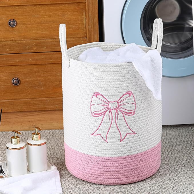 Honeydak Pink Bow Cotton Rope Laundry Basket Hamper Large Laundry Basket Hamper Coquette Bow Room Decor for Girls Girly Nursery Storage Bin Tall Round Organizer for Blanket Toys Clothes