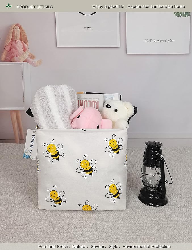Square Folding Laundry Basket, Canvas Basket,Nersury Hamper,Suitable for Children,Office,Bedroom,Clothes,Toys Storage（Bee