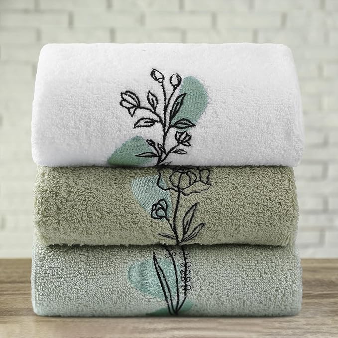 Abstract Botanical Hand Towels Boho Sage Green Botanical Bathroom Decor 14x29 Inch Embroidered Decorative Cute Summer Flowers Cotton Soft Absorbent Hand Towels for Bathroom Kitchen