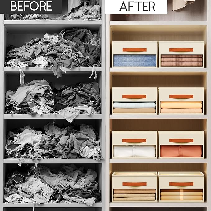 Closet Organizers and Storage - 10 Pack Storage Bins Baskets for Organization Foldable Closet Organizer with Clear Window & Handles for Clothes, Toys, Towels, Small Essentials (Beige)
